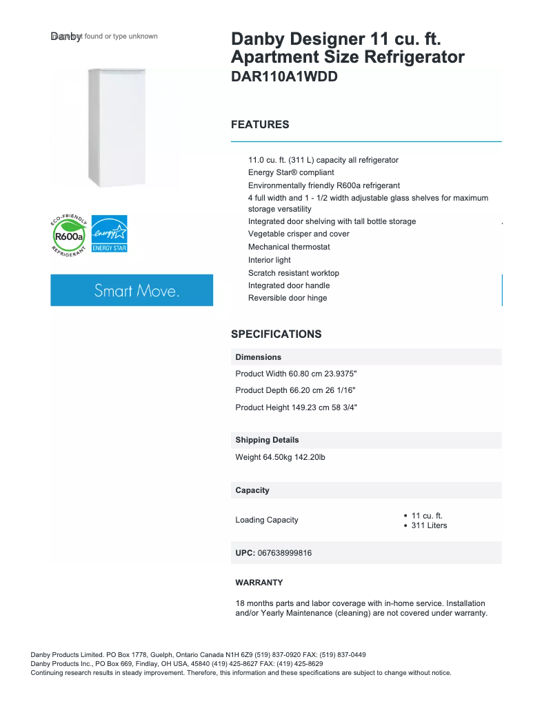 Page n°1 - Fiche technique Danby DAR110A1DD