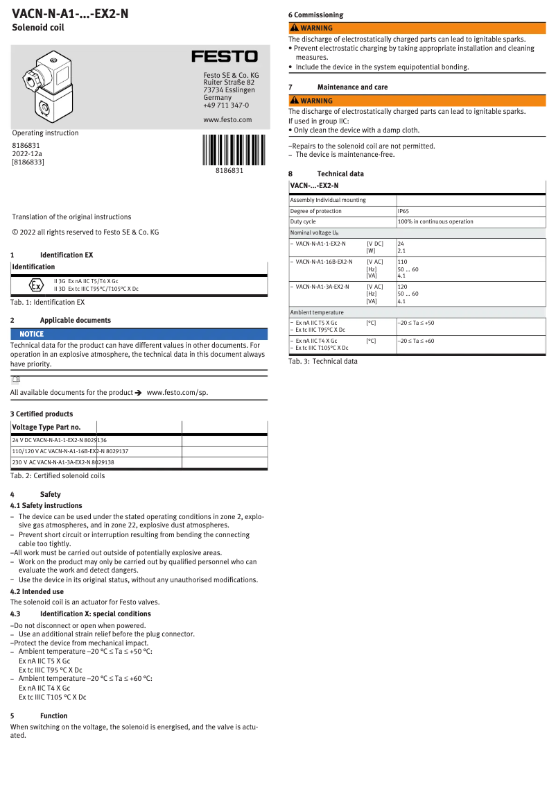 Page 1 de la notice Manuel utilisateur Festo VACN-N-A1-1-EX2-N