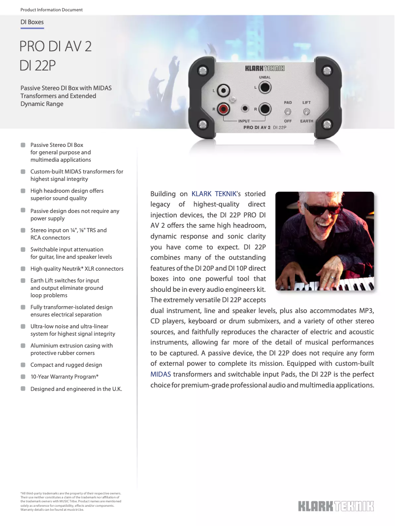 Page 1 de la notice Fiche technique Klark Teknik DI 22P