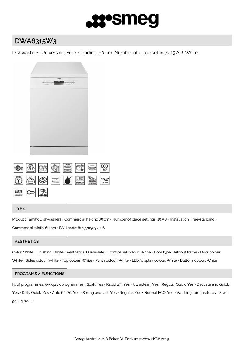 Page n°1 - Fiche technique Smeg DWA6315W3