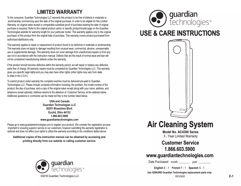 Page n°1 - Manuel utilisateur GermGuardian AC4300