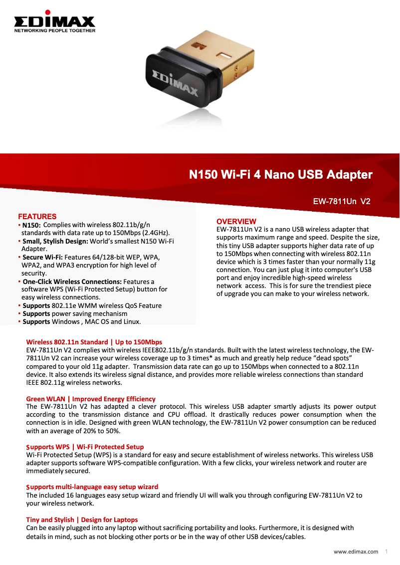 Página 1 del manual Ficha técnica Edimax EW-7811Un V2