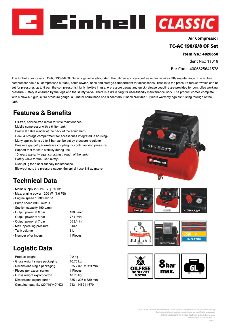 Page n°1 - Fiche technique Einhell TC-AC 190/6/8