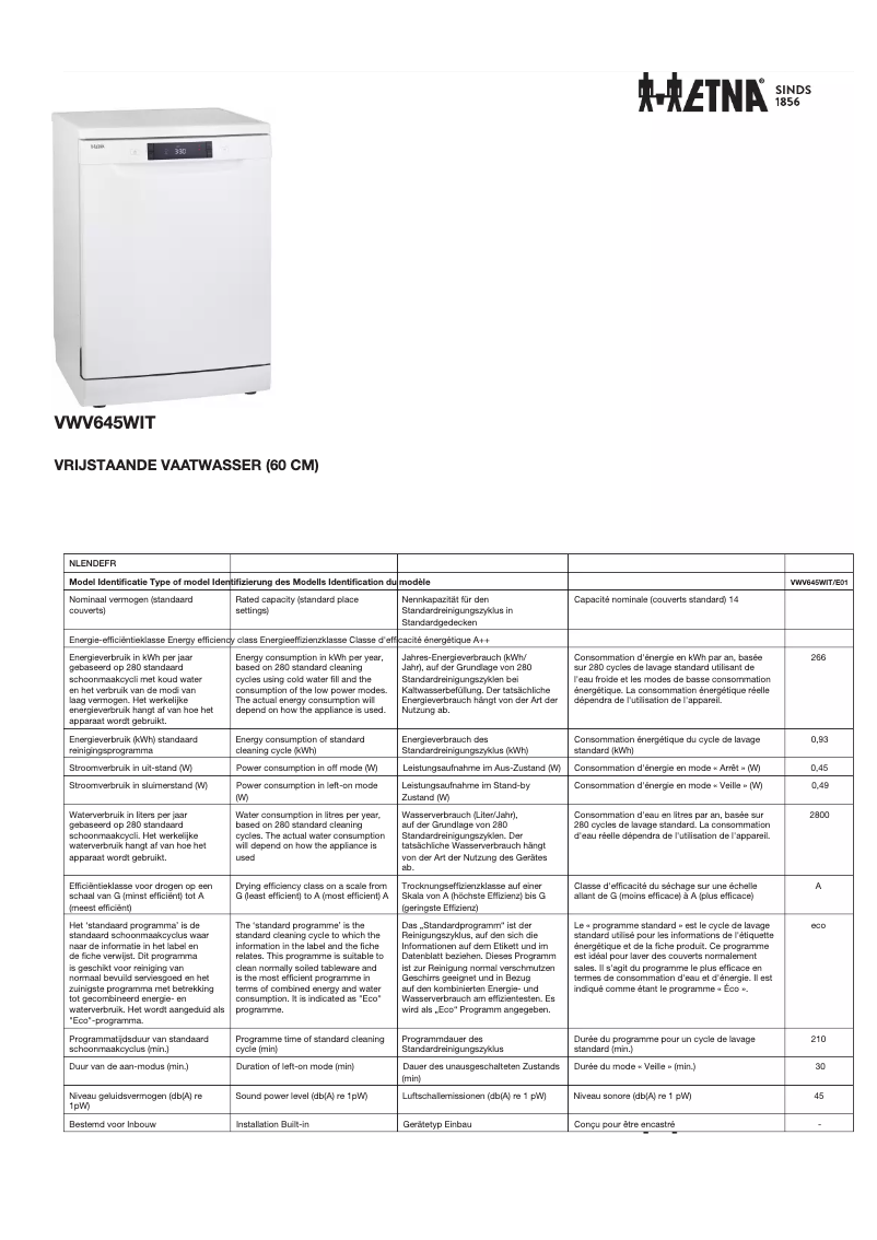 Page 1 de la notice Fiche technique Etna VWV645WIT