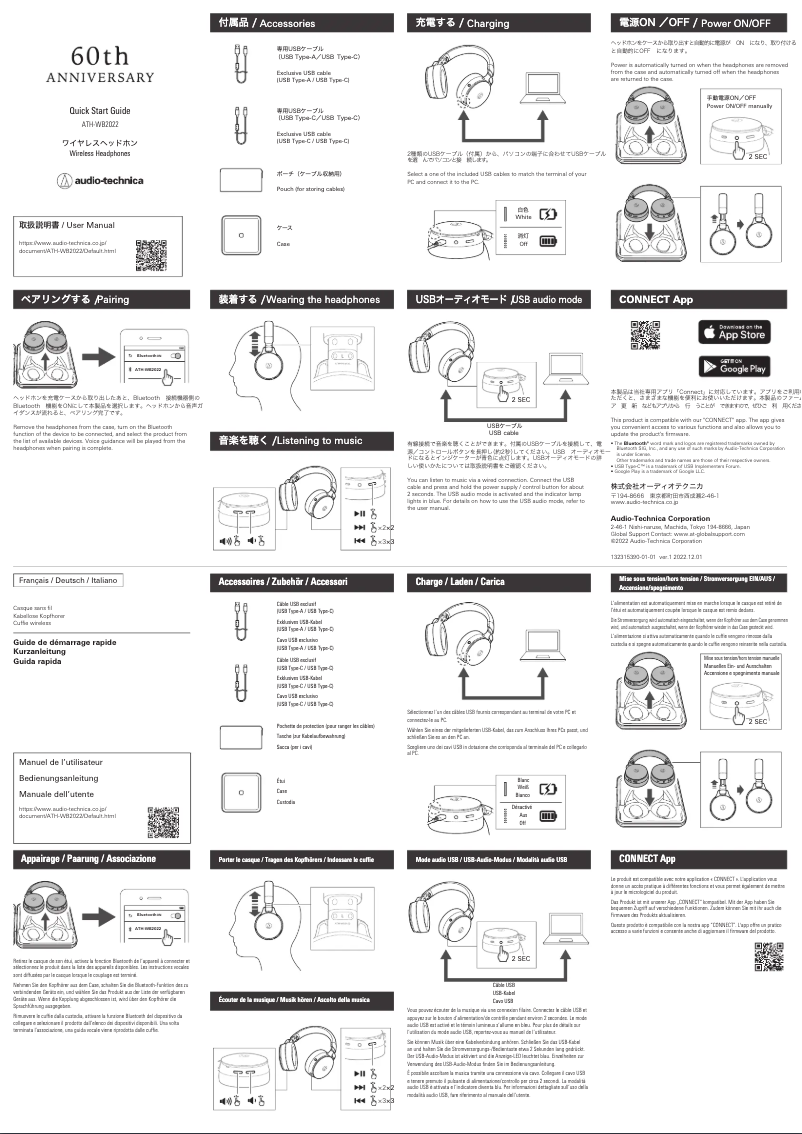 Page 1 de la notice Guide de démarrage rapide Audio-Technica ATH-WB2022