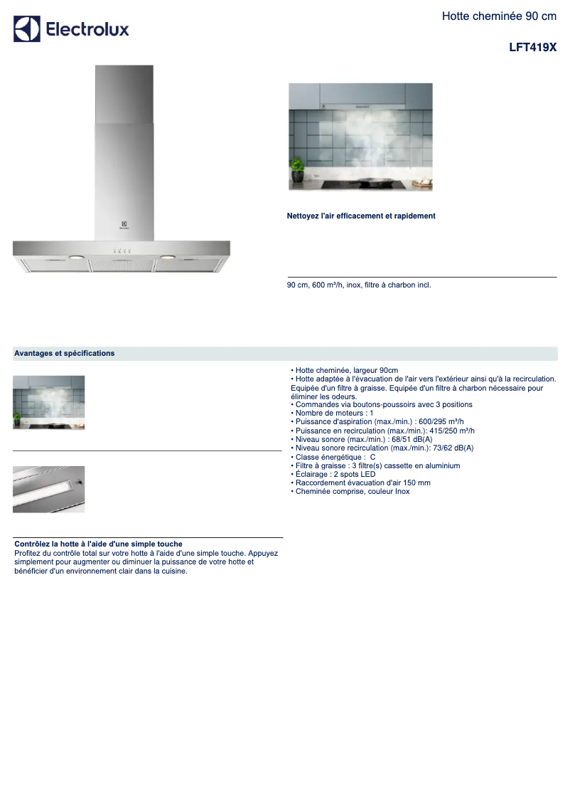 Page 1 de la notice Fiche technique Electrolux LFT419X
