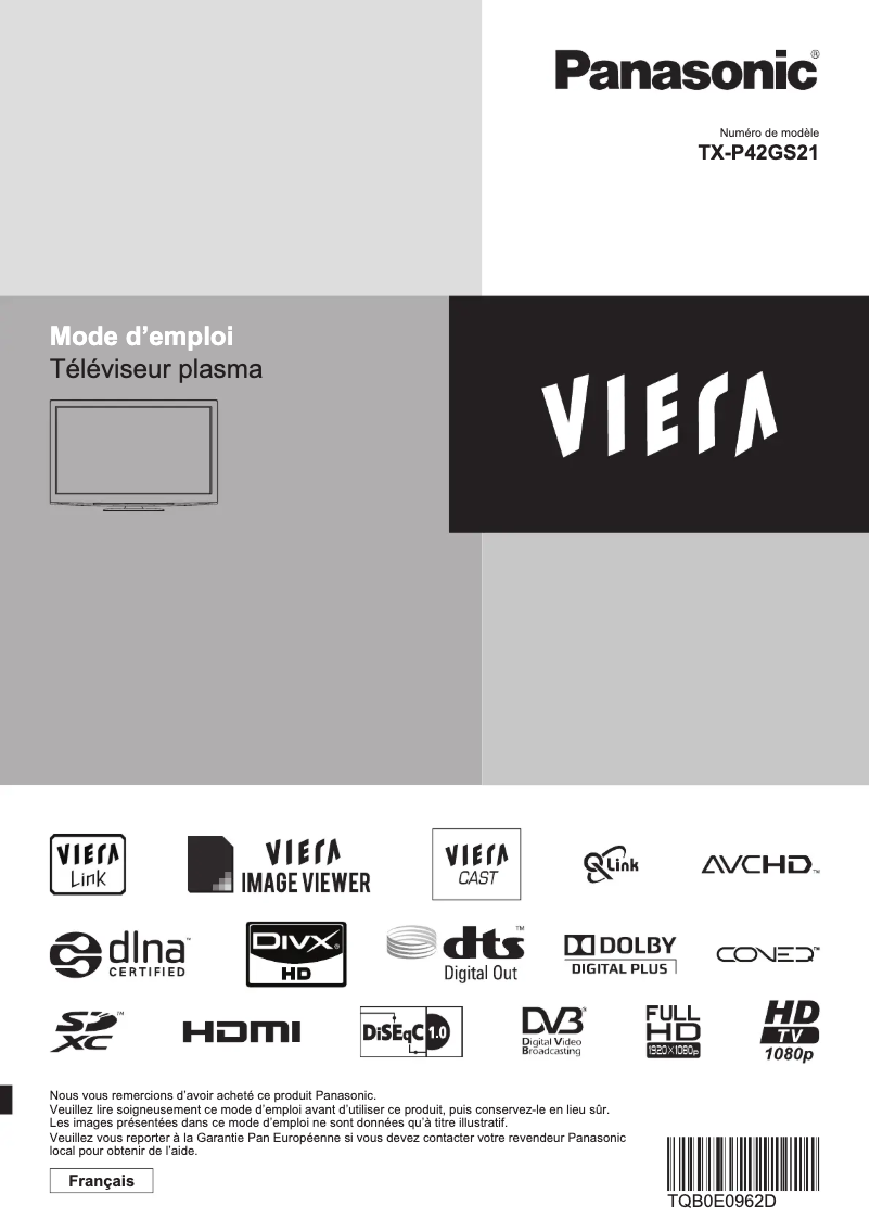 Page 1 de la notice Manuel utilisateur Panasonic TX-P42GS21