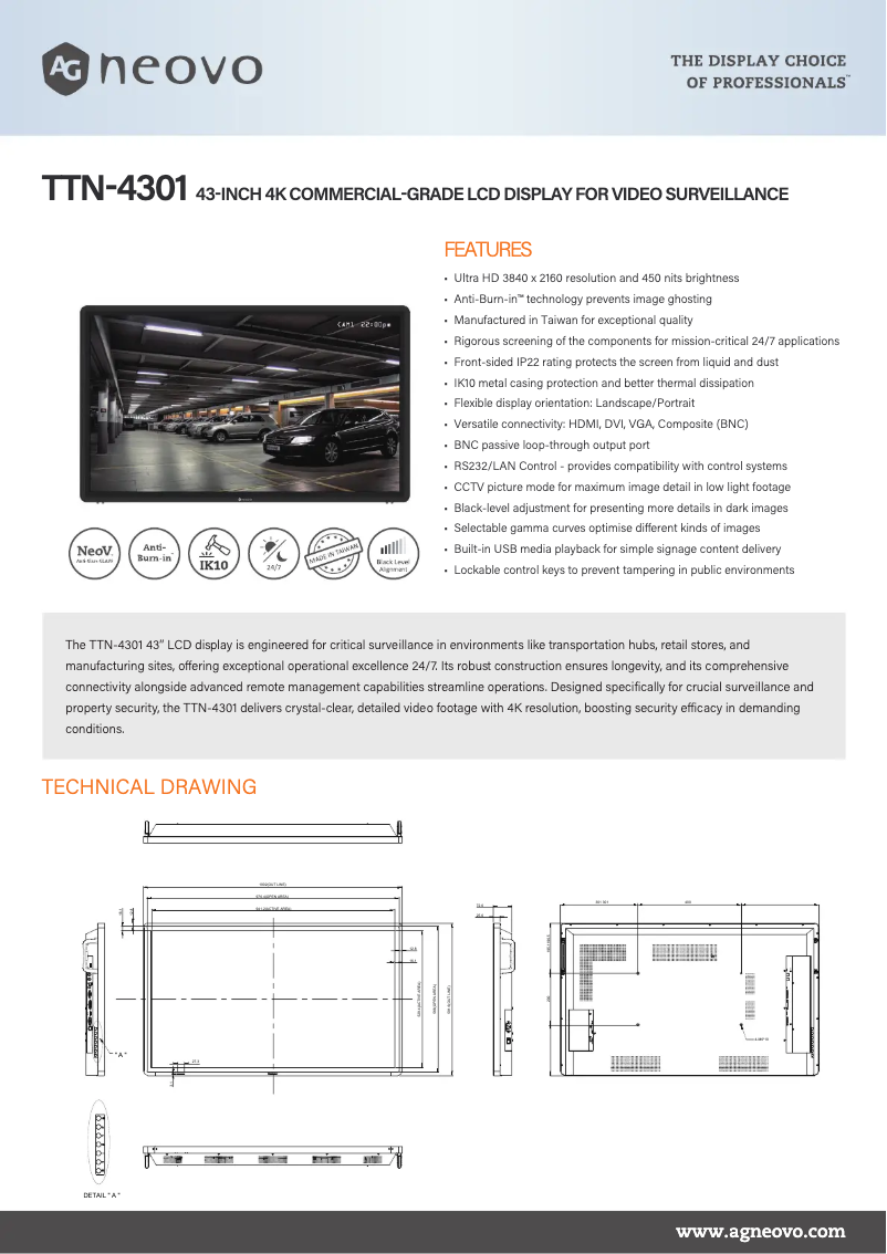 Page 1 de la notice Fiche technique AG Neovo TTN-4301