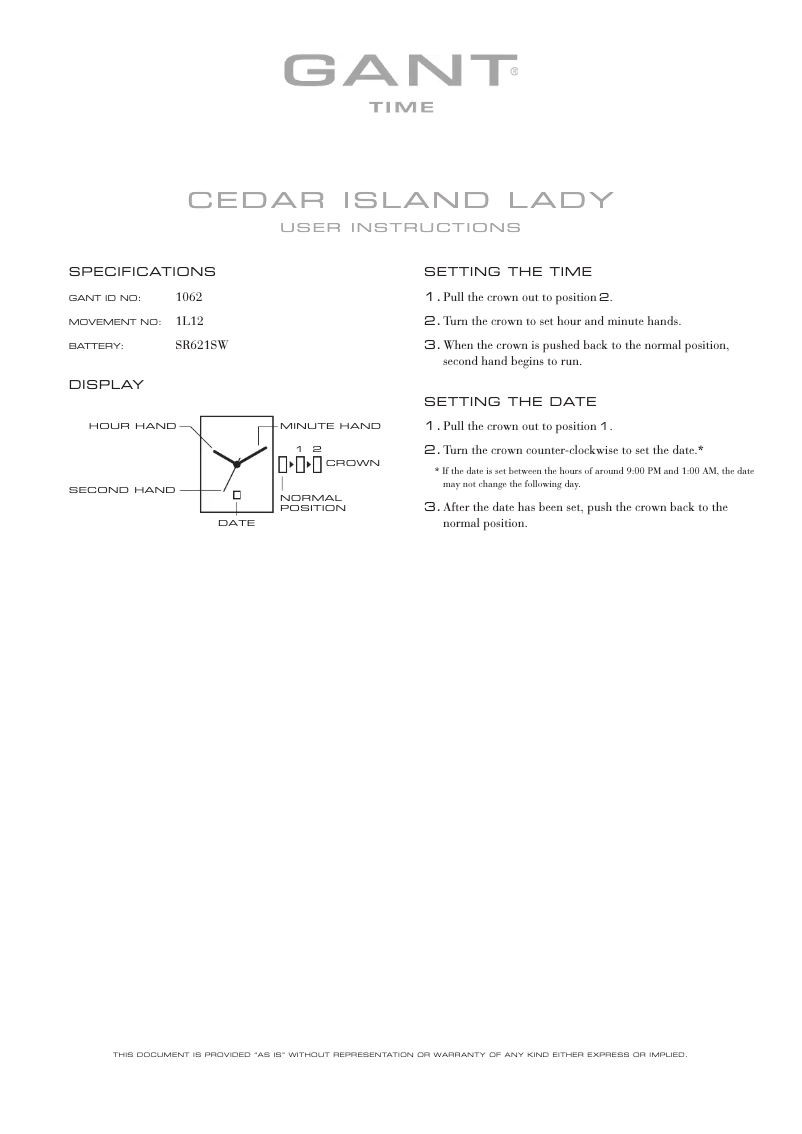 Image de la première page du manuel de l'appareil Cedar Island Lady 1062