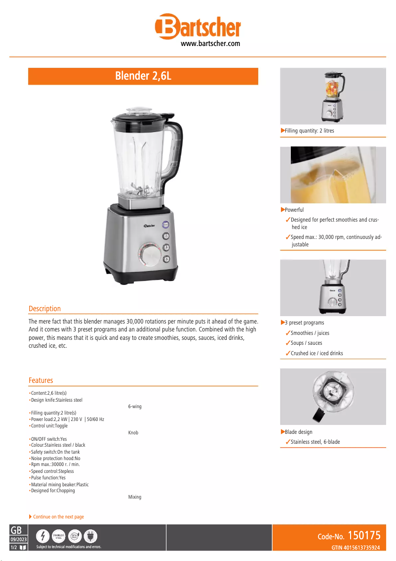 Page 1 de la notice Fiche technique Bartscher 150175