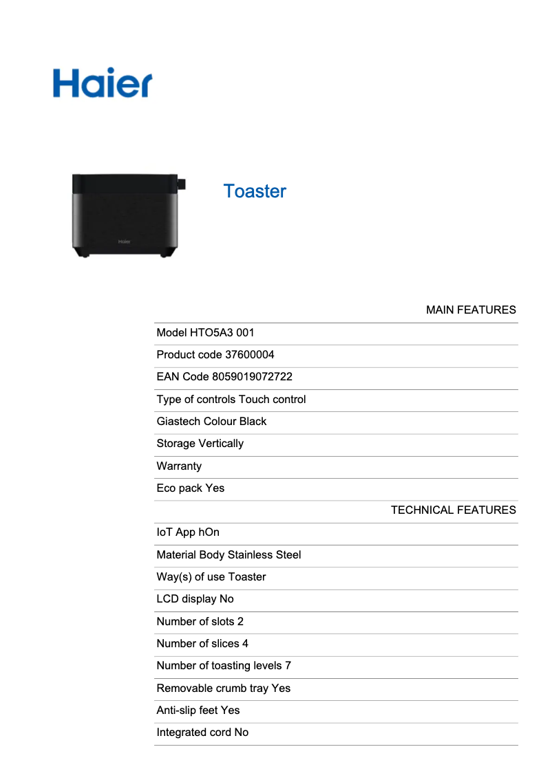 Page 1 de la notice Fiche technique Haier HTO5A3 001