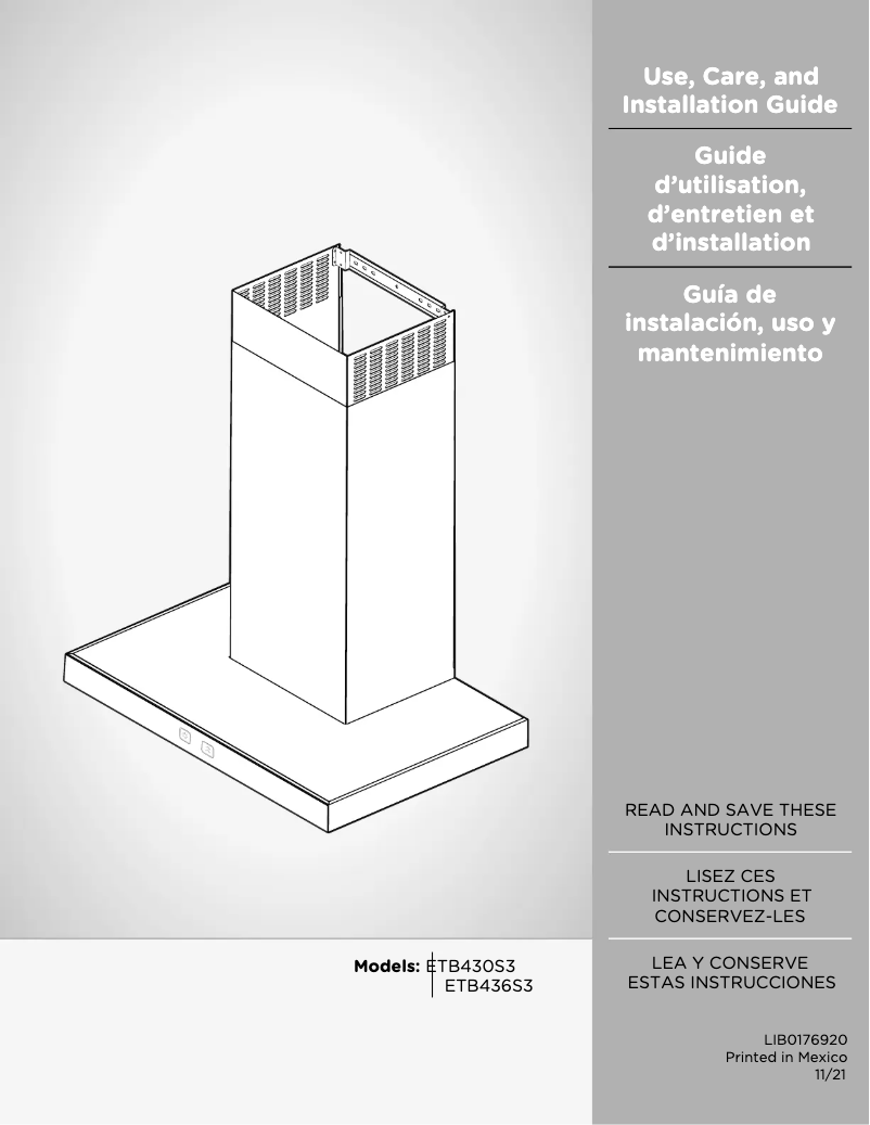 Page 1 de la notice Guide d'installation Elica Toblino ETB436S2