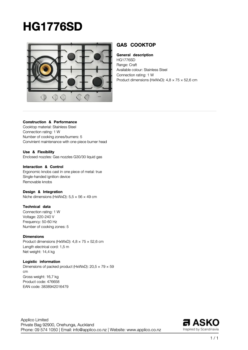 Page n°1 - Fiche technique Asko HG1776SD