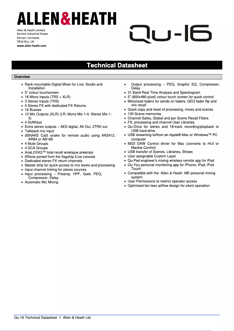 Página 1 del manual Ficha técnica Allen & Heath Qu-16