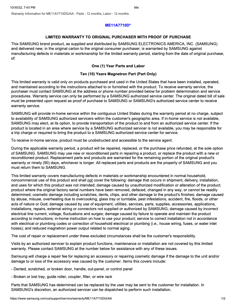 Page 1 de la notice Informations de garantie Samsung ME11A7710DG