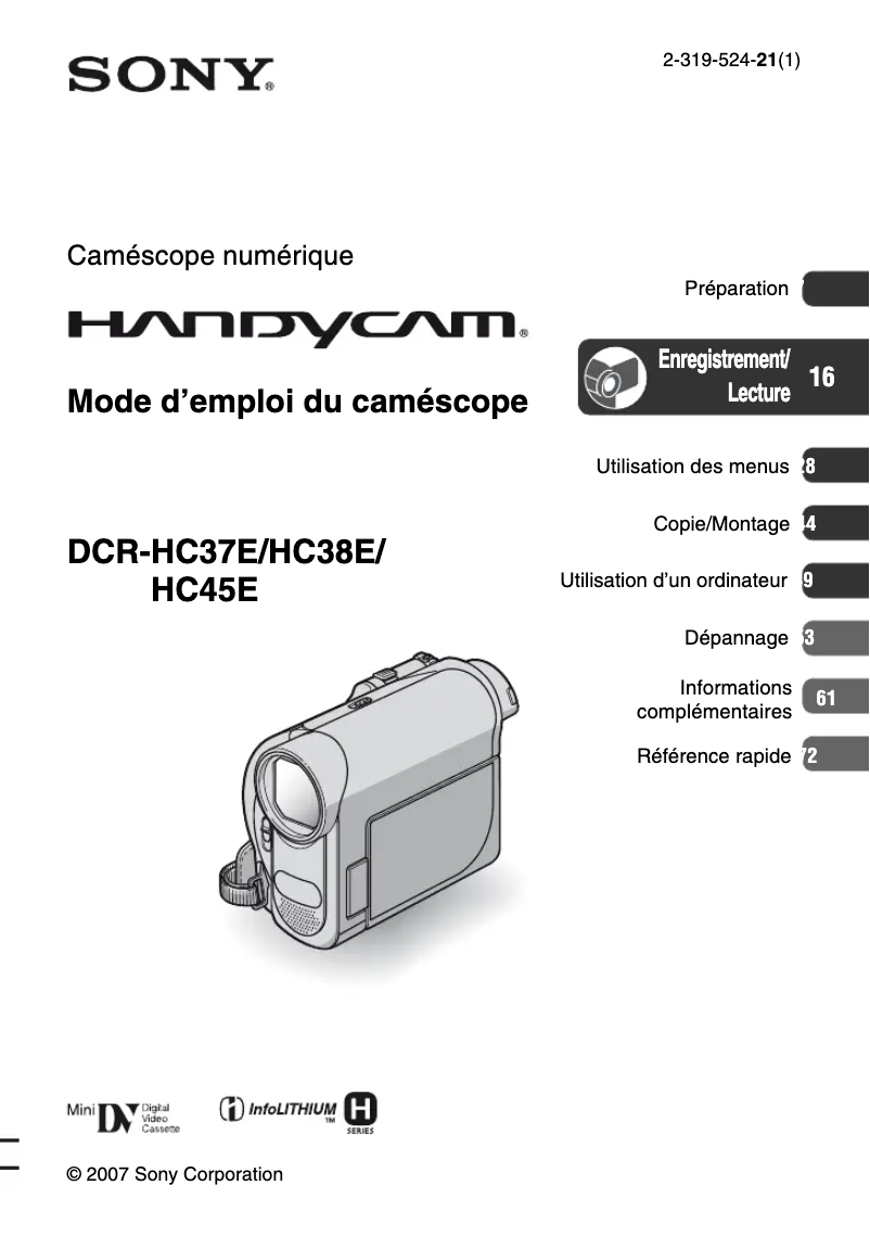 Page n°1 - Manuel utilisateur Sony DCR-HC37E