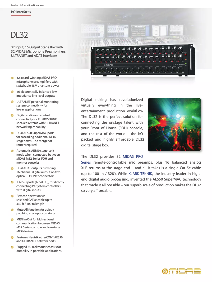 Page 1 de la notice Fiche technique Midas DL32