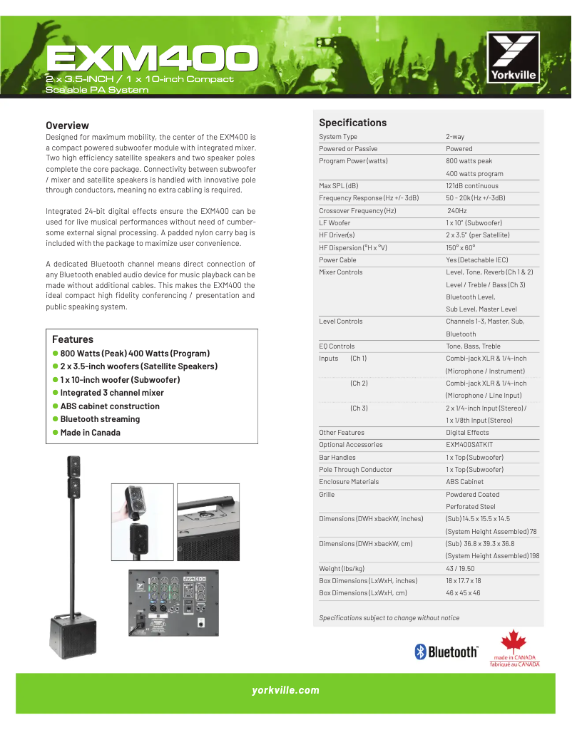 Page 1 de la notice Fiche technique Yorkville EXM400