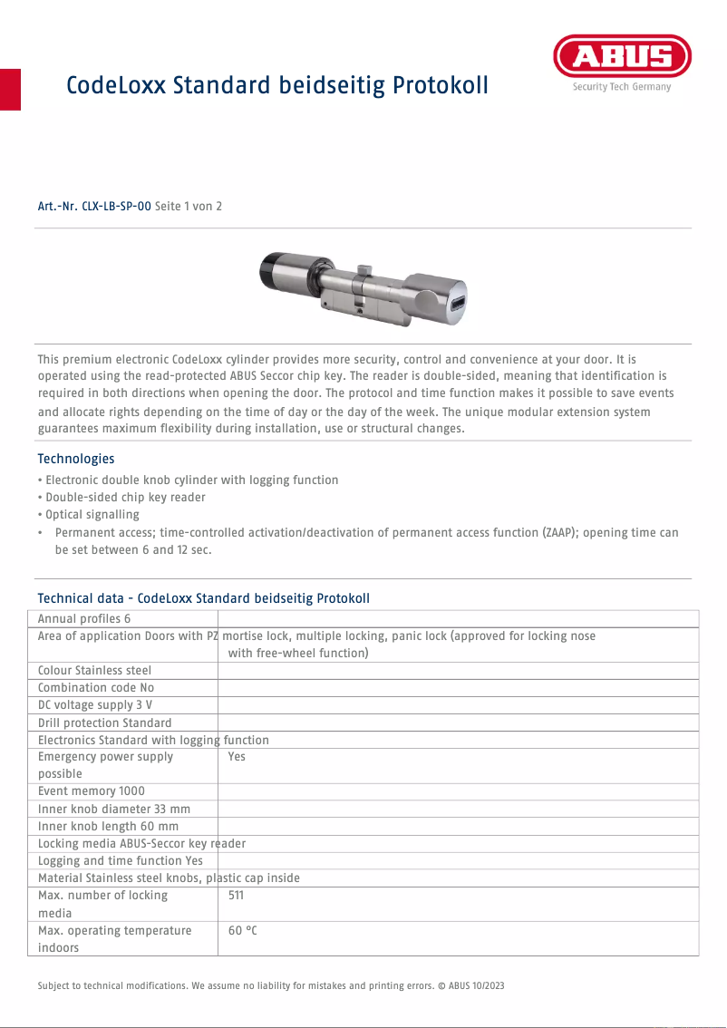 Página 1 del manual Ficha técnica Abus CLX-LB-SP-00