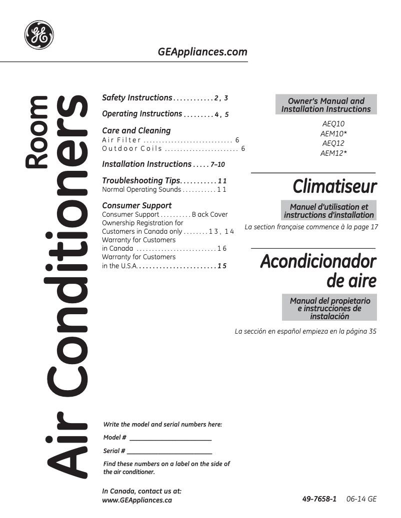 Página 1 del manual Guía de instalación GE AEQ12AQ