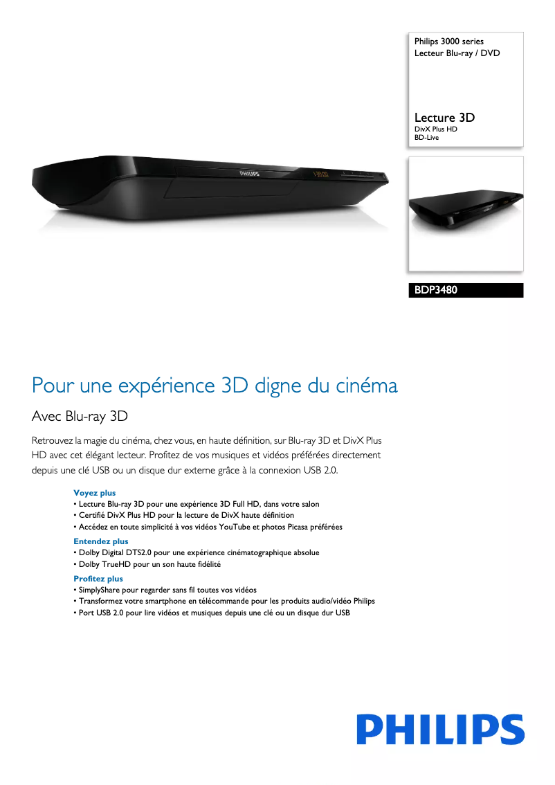 Page 1 de la notice Fiche technique Philips BDP3480
