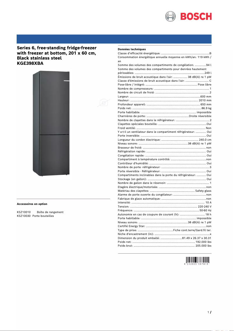 Page 1 de la notice Fiche technique Bosch KGE398XBA