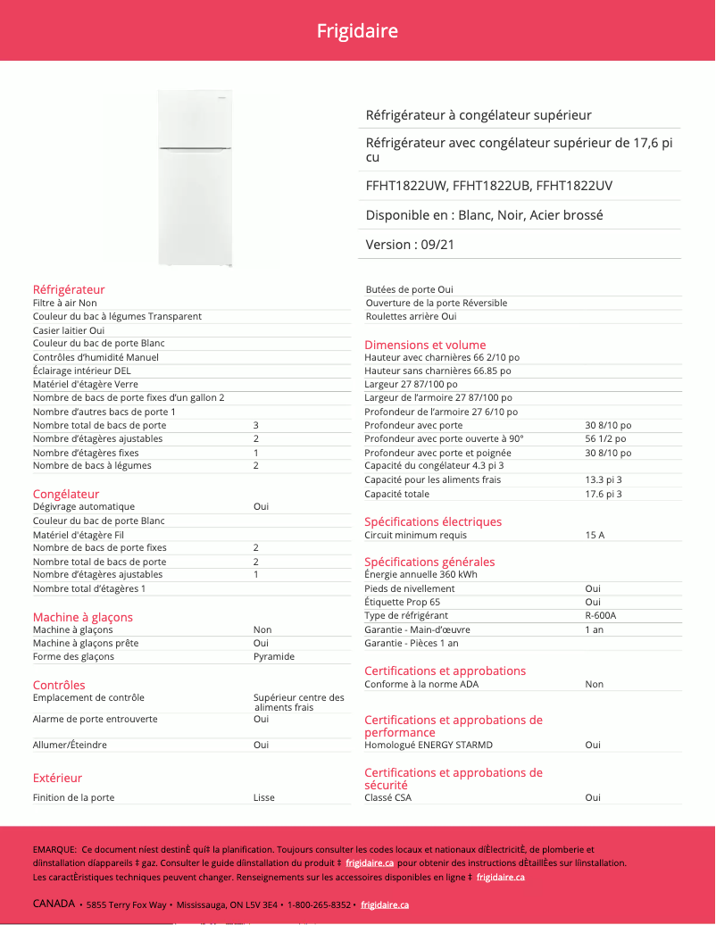 Page 1 de la notice Fiche technique Frigidaire FFHT1822UV