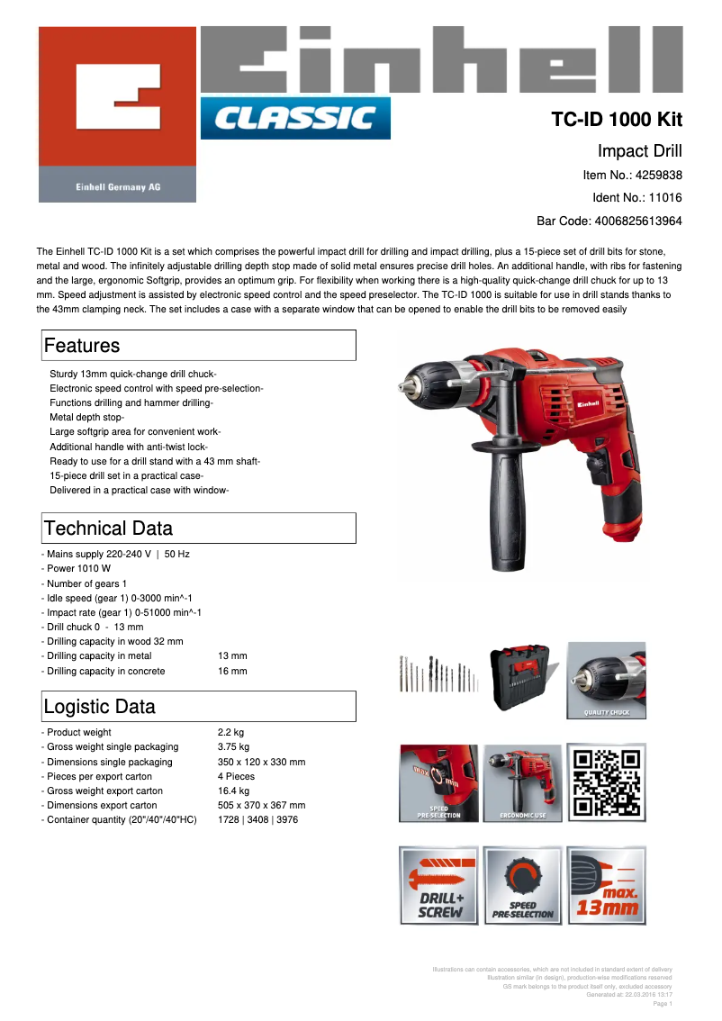 Page 1 de la notice Fiche technique Einhell TC-ID 1000 Kit