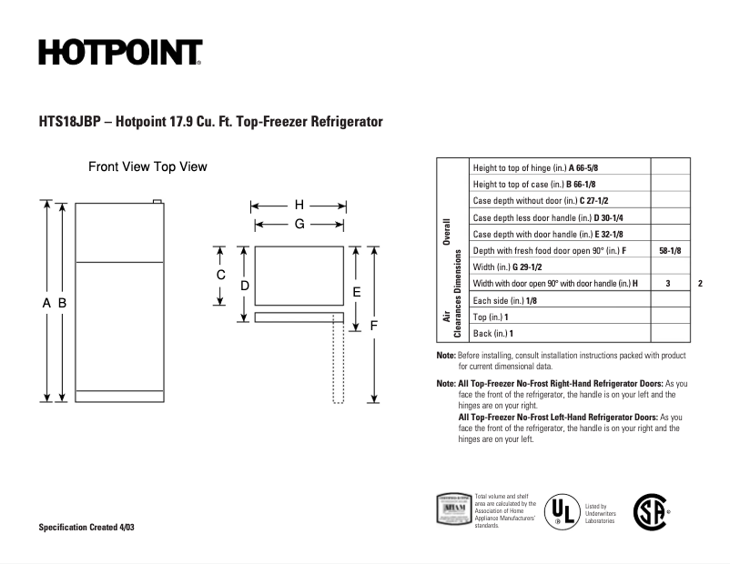 Page n°1 - Fiche technique Hotpoint HTS18JBPWW