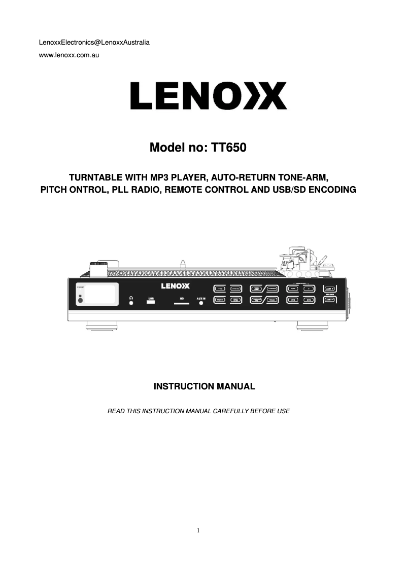 Page 1 de la notice Manuel utilisateur Lenoxx TT650