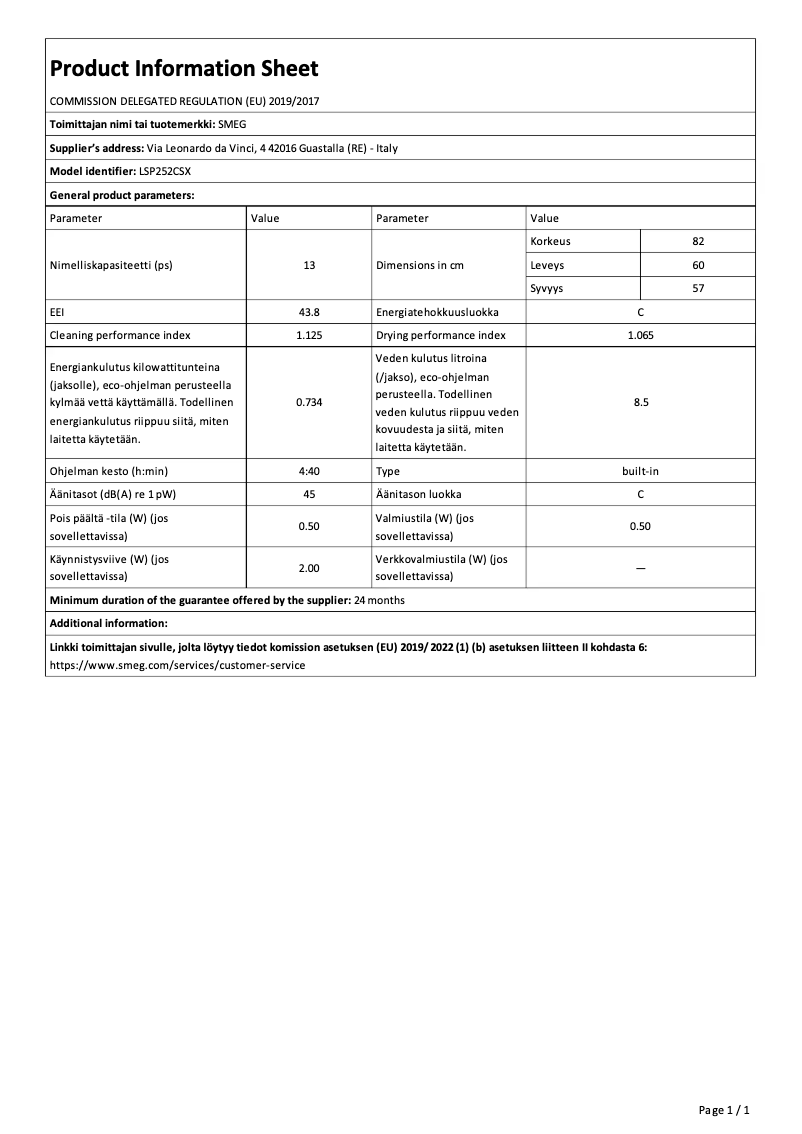 Page n°1 - Fiche technique Smeg LSP252CSX