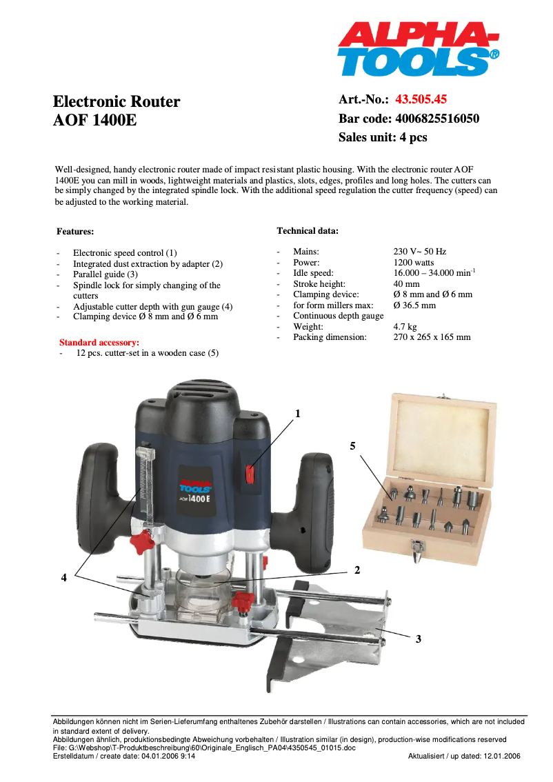 Page 1 de la notice Manuel utilisateur Alpha Tools AOF 1400 E
