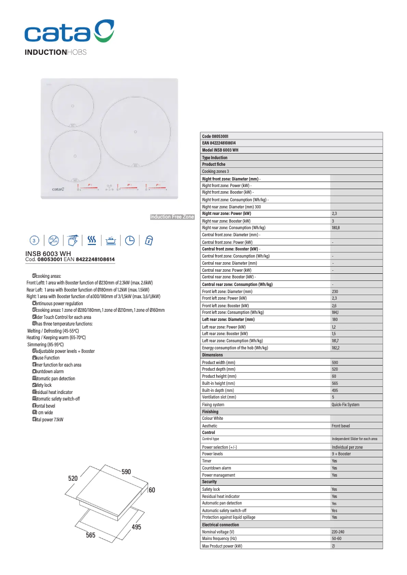 Page 1 de la notice Fiche technique CATA INSB 6003 WH