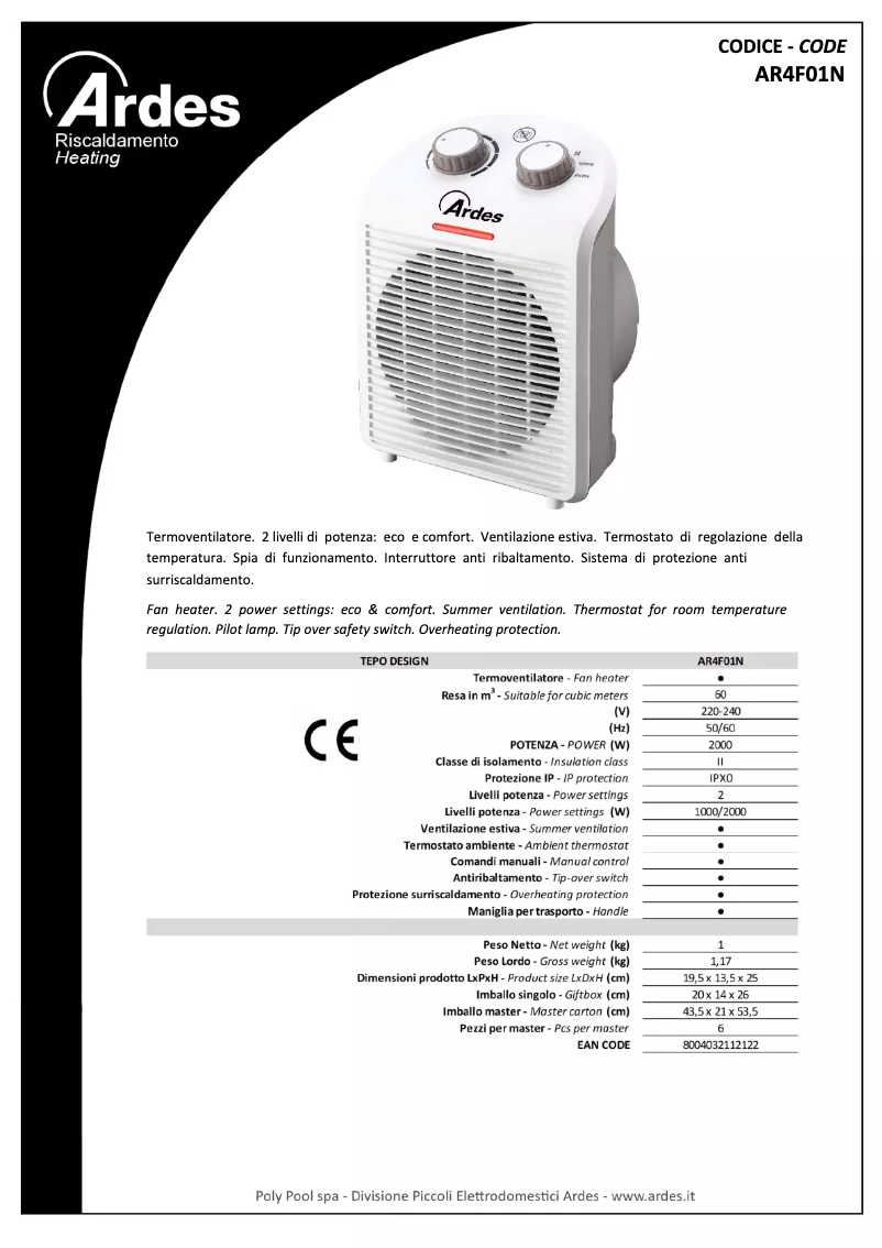 Página 1 del manual Ficha técnica Ardes AR4F01N