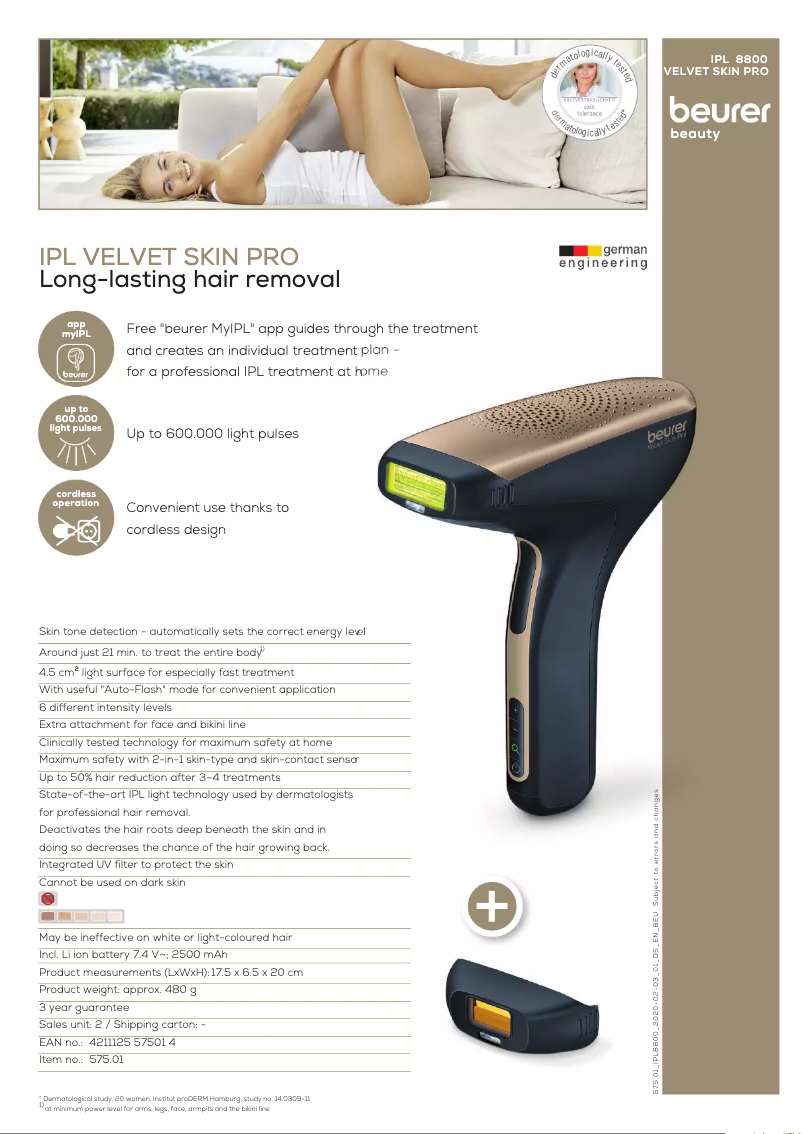 Page 1 de la notice Fiche technique Beurer Velvet Skin Pro IPL 8800