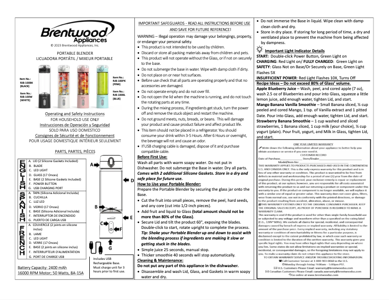 Page 1 de la notice Manuel utilisateur Brentwood RJB-100BL