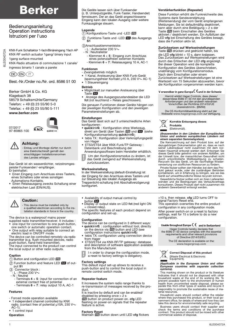 Page 1 de la notice Manuel utilisateur Berker 85865100