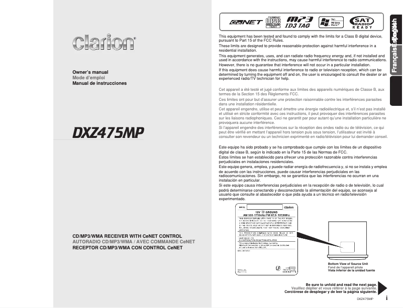 Page n°1 - Manuel utilisateur Clarion DXZ475MP
