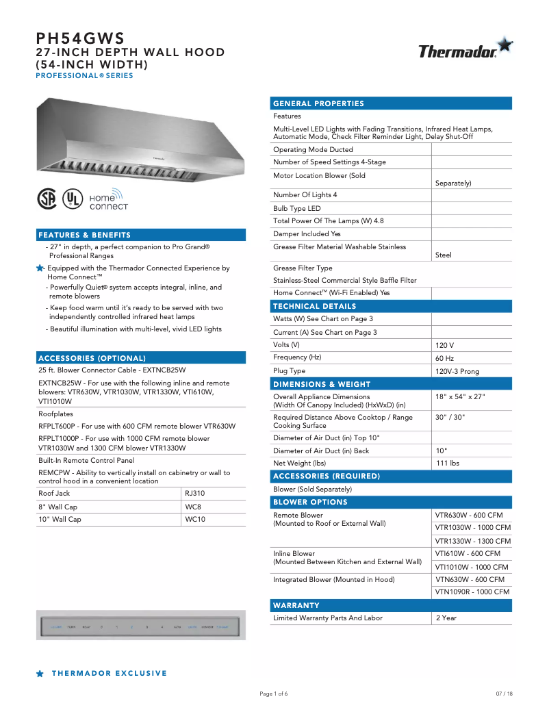 Page 1 de la notice Fiche technique Thermador PH54GWS