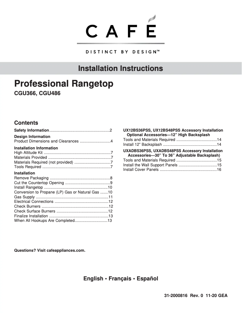 Page n°1 - Guide d'installation GE CGU486P4TW2