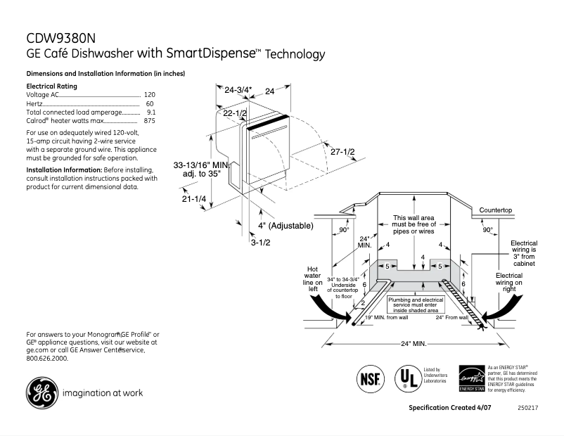 Página 1 del manual Ficha técnica GE Café CDW9380NSS