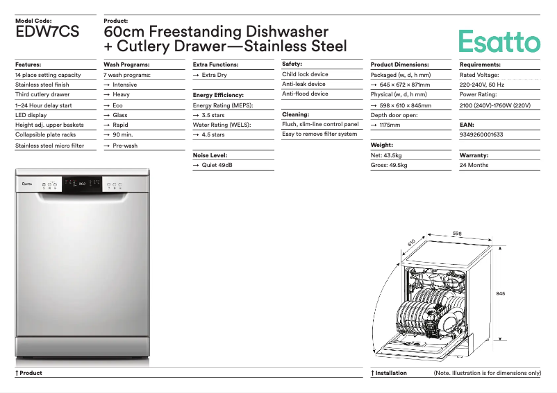 Page 1 de la notice Fiche technique Esatto EDW7CS