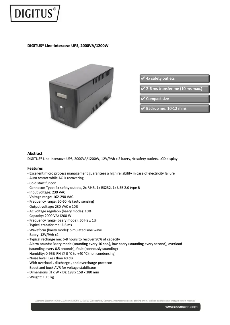 Page 1 de la notice Fiche technique Digitus DN-170076