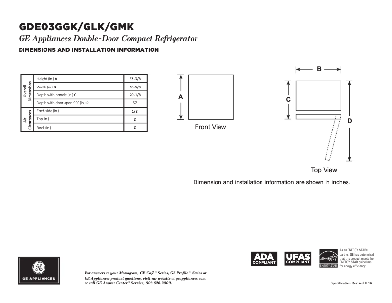 Page 1 de la notice Fiche technique GE GDE03GMKED