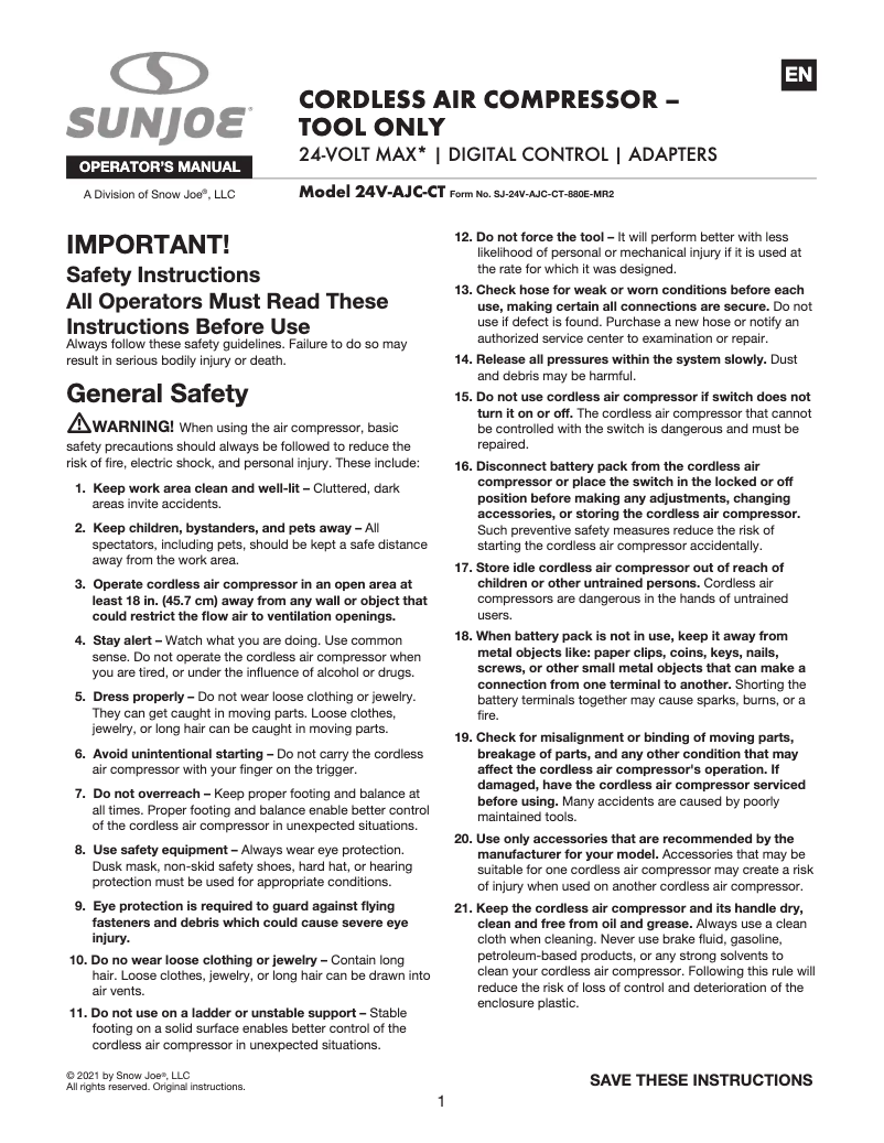 Page n°1 - Manuel utilisateur Auto Joe 24V-AJC-CT