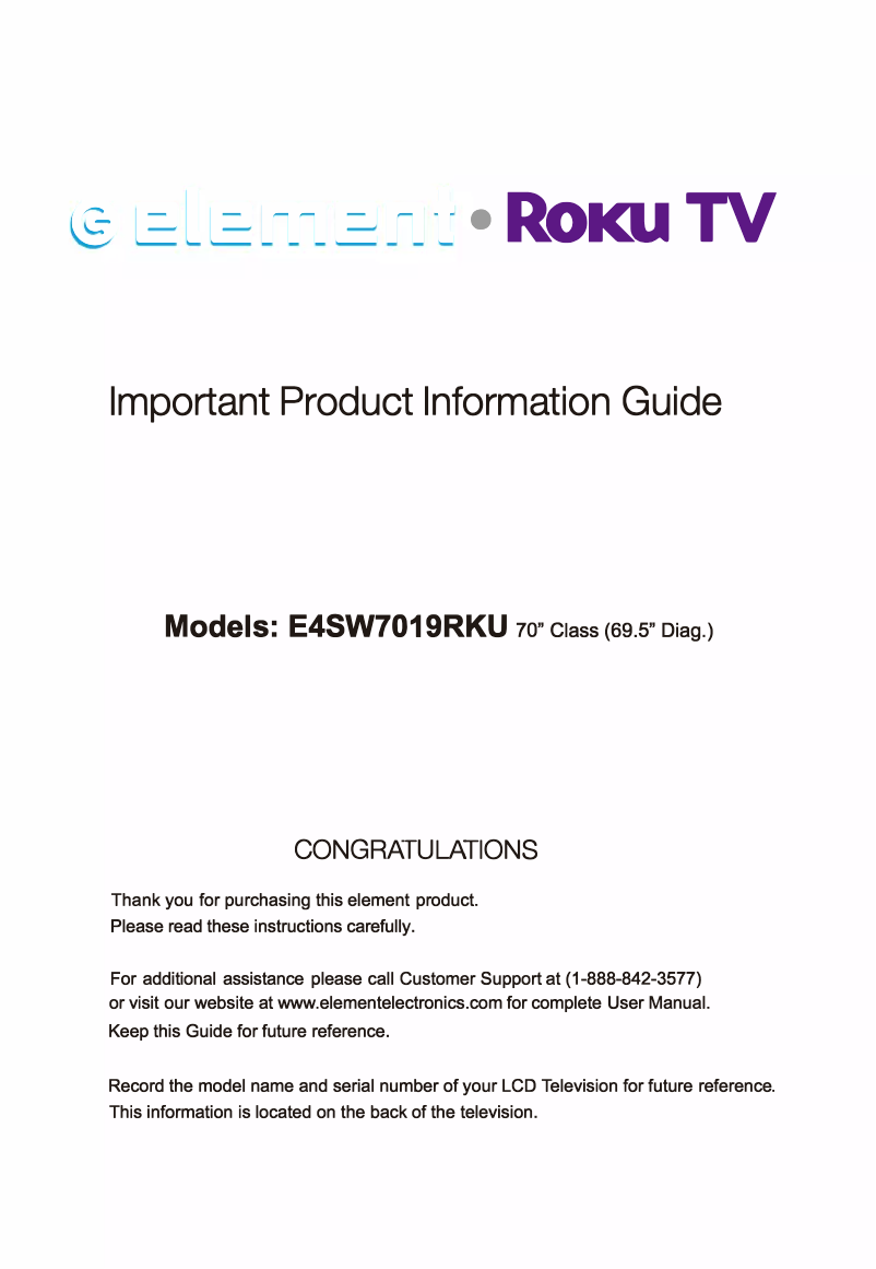 Page 1 de la notice Instructions de sécurité Element Roku TV E4SW7019RKU
