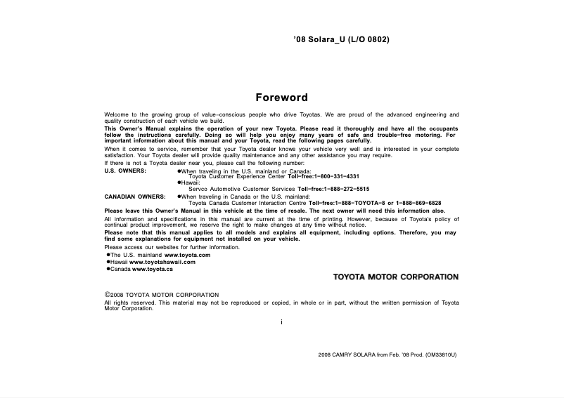 Image de la première page du manuel de l'appareil Camry Solara (2008)