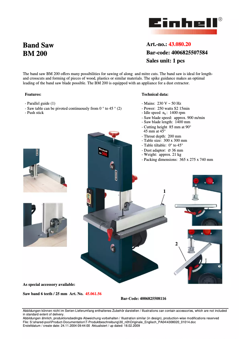 Page 1 de la notice Fiche technique Einhell BM 200