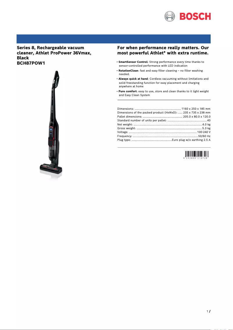 Page n°1 - Fiche technique Bosch Athlet ProPower BCH87POW1