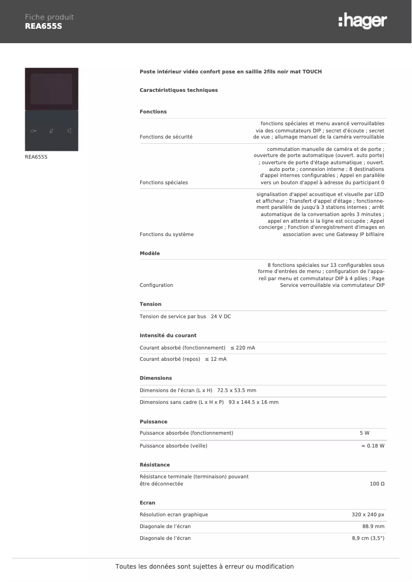 Page 1 de la notice Fiche technique Hager REA655S